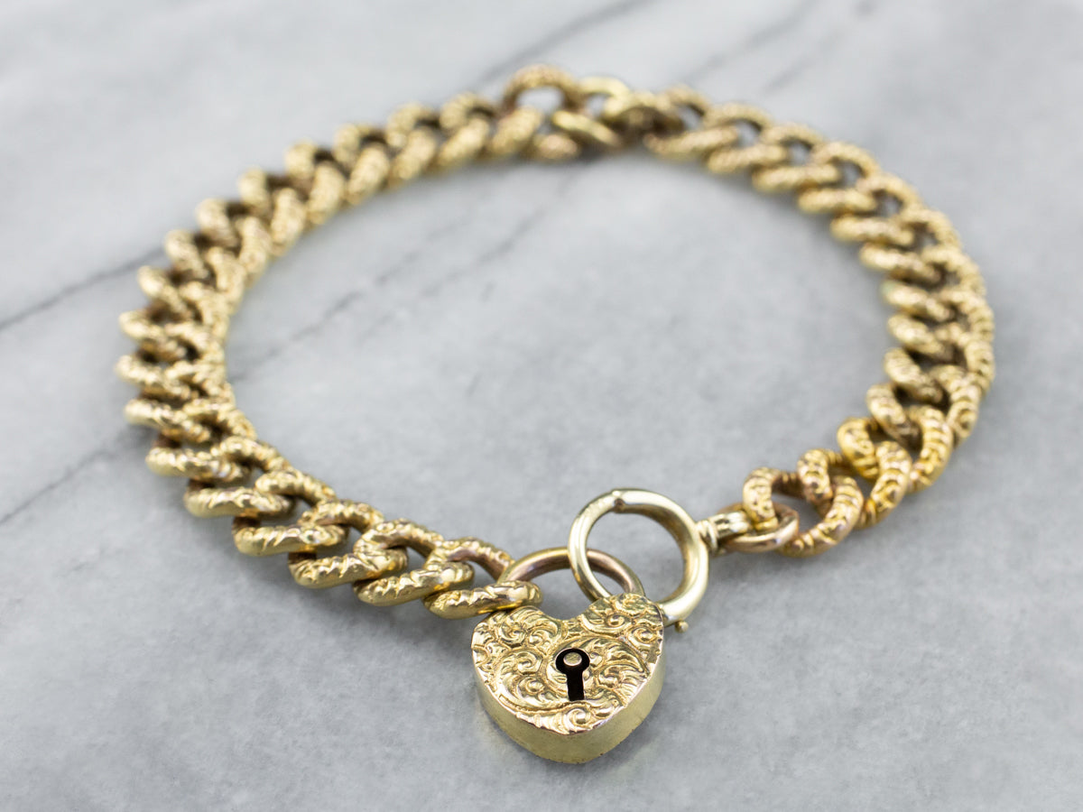 Victorian Chased Heart Lock Gold Chain Bracelet