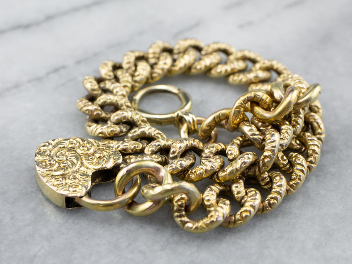 Victorian Chased Heart Lock Gold Chain Bracelet