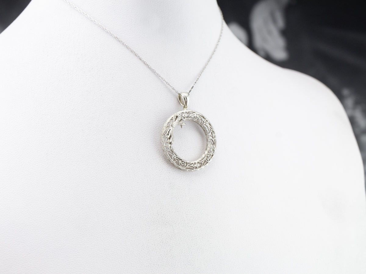 Art Deco Filigree Wreath White Gold Pendant