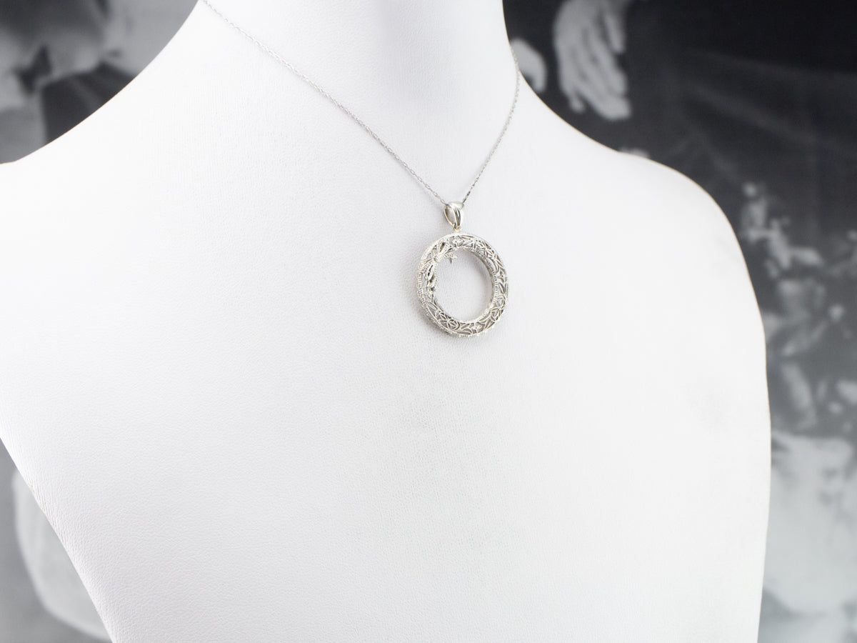 Art Deco Filigree Wreath White Gold Pendant