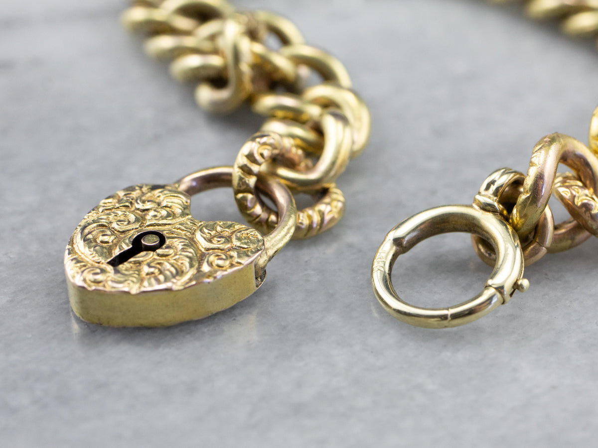 Victorian Chased Heart Lock Gold Chain Bracelet