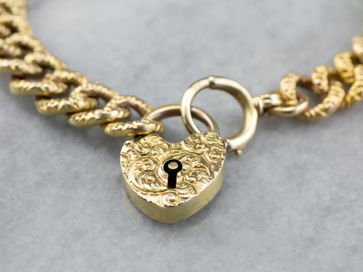 Victorian Chased Heart Lock Gold Chain Bracelet