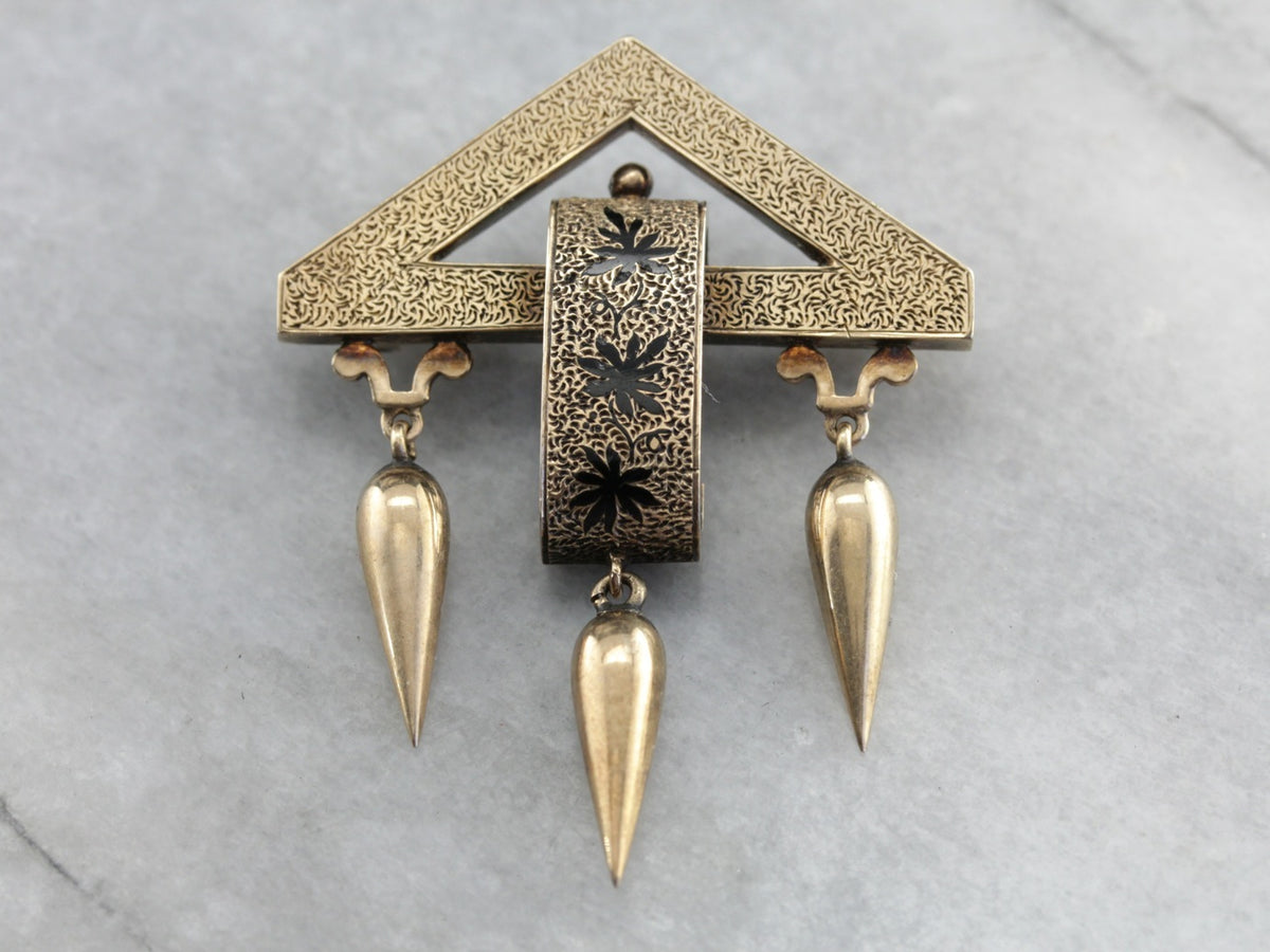 Broche de borla de oro rosa de esmalte negro victoriano