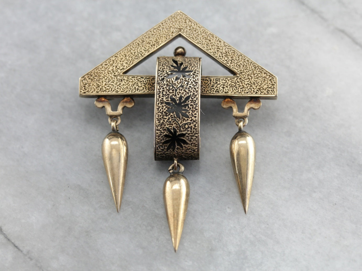 Victorian Black Enamel Rose Gold Tassel Brooch