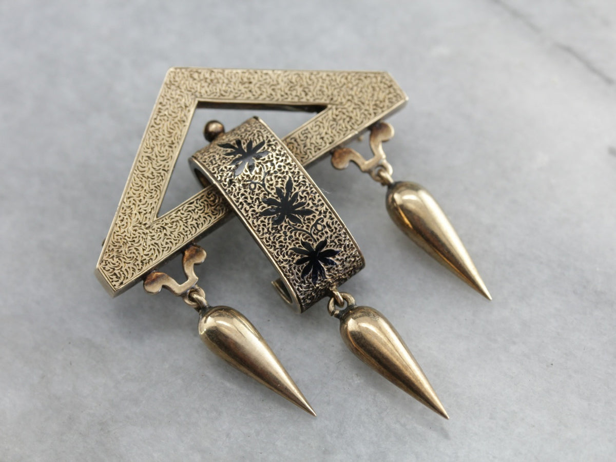 Broche de borla de oro rosa de esmalte negro victoriano