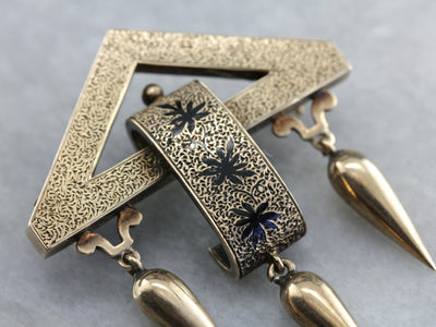 Victorian Black Enamel Rose Gold Tassel Brooch
