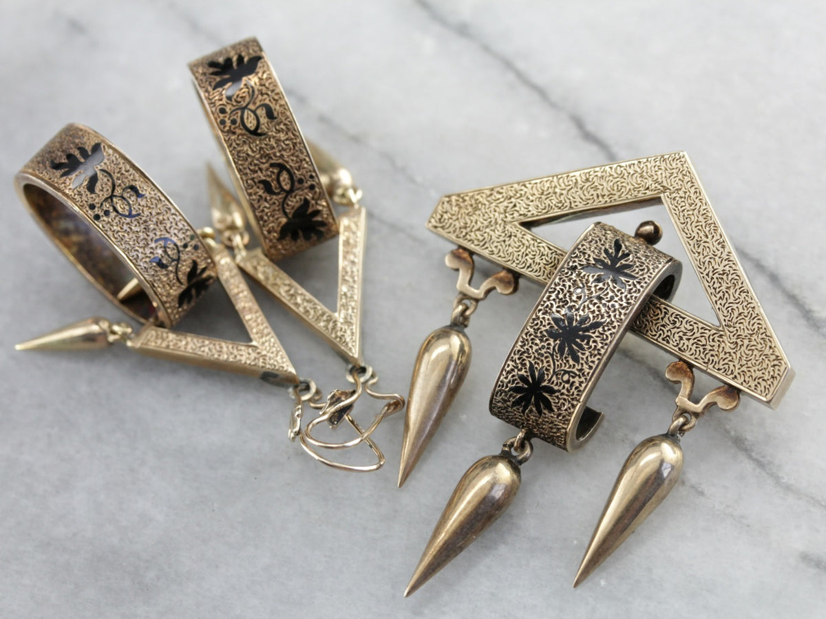 Broche de borla de oro rosa de esmalte negro victoriano