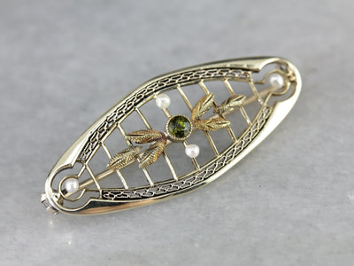 Art Nouveau Peridot Seed Pearl Filigree Brooch