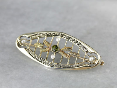 Art Nouveau Peridot Seed Pearl Filigree Brooch