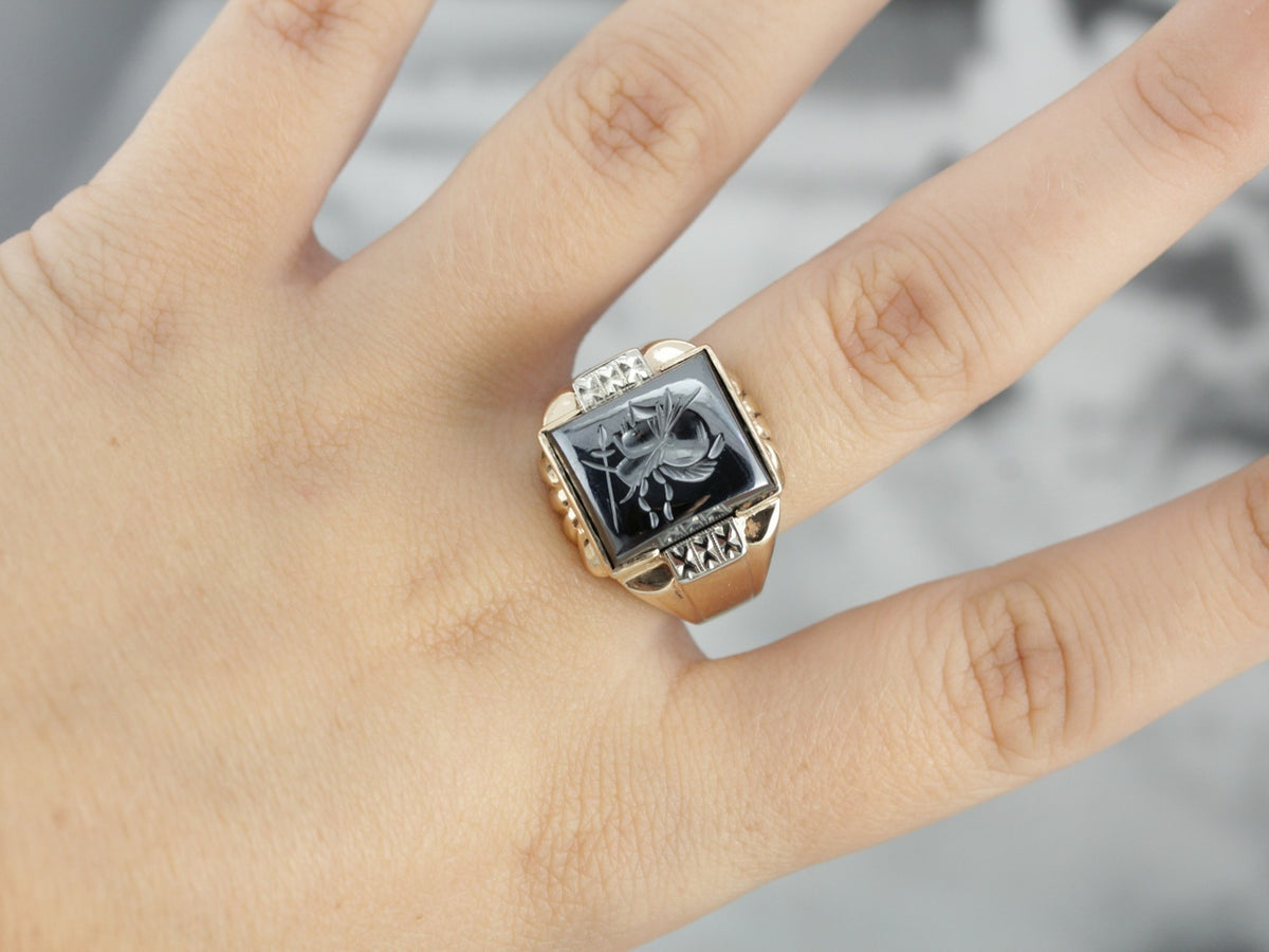 Retro Era Hematite Intaglio Statement Ring