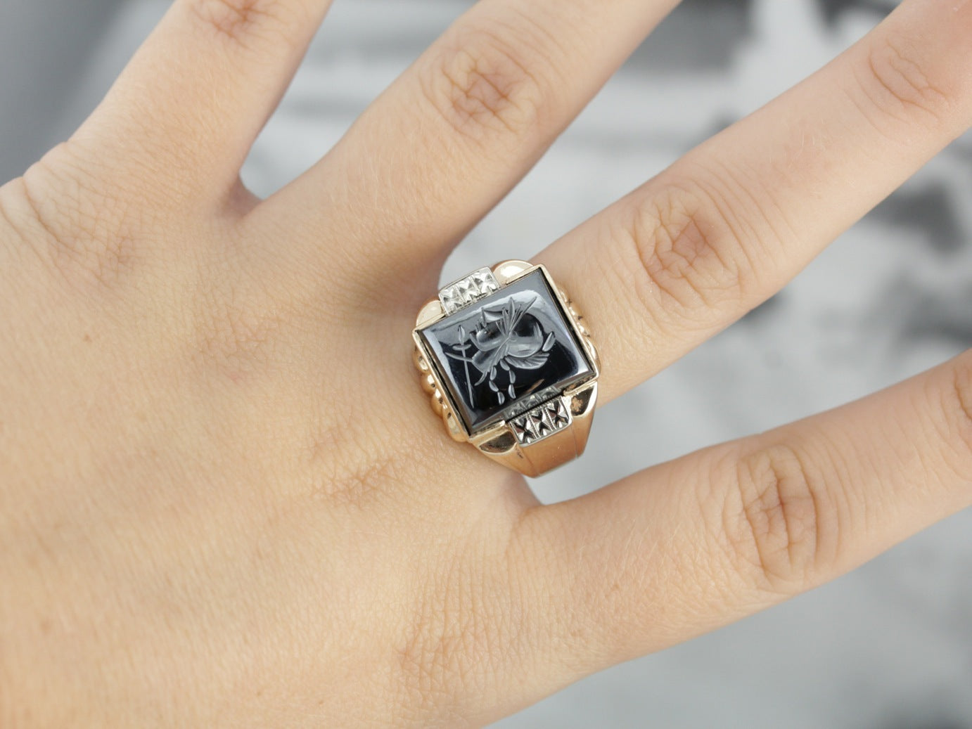 Retro Era Hematite Intaglio Statement Ring