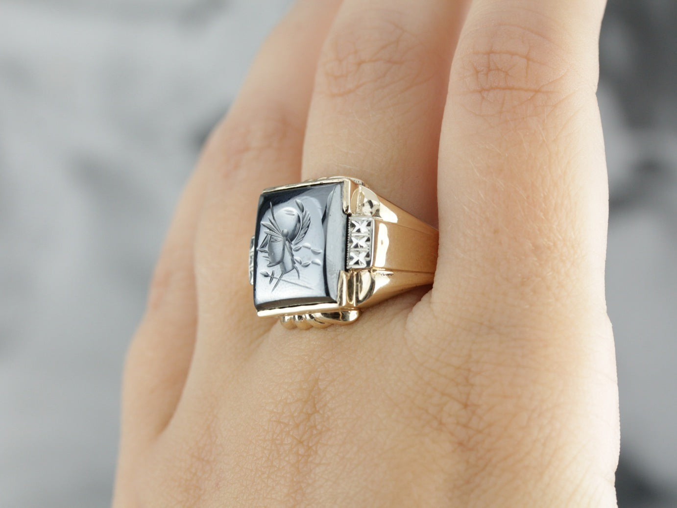 Retro Era Hematite Intaglio Statement Ring