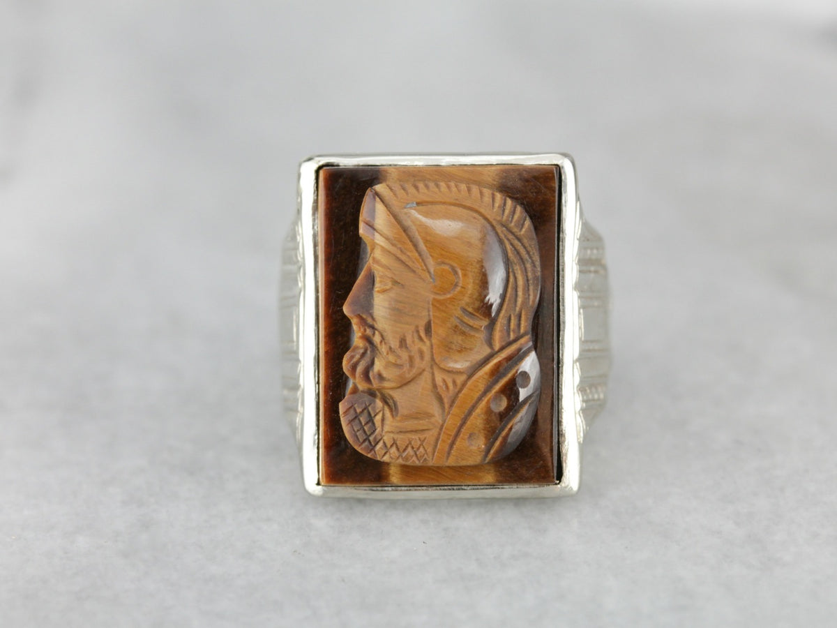 Vintage Tiger's Eye Cameo White Gold Men's Ring