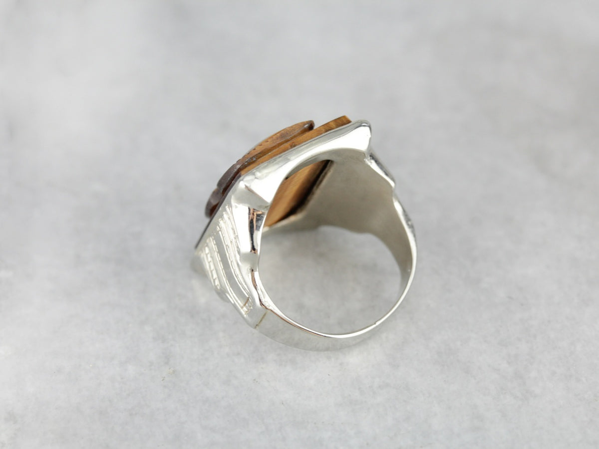 Vintage Tiger's Eye Cameo White Gold Men's Ring