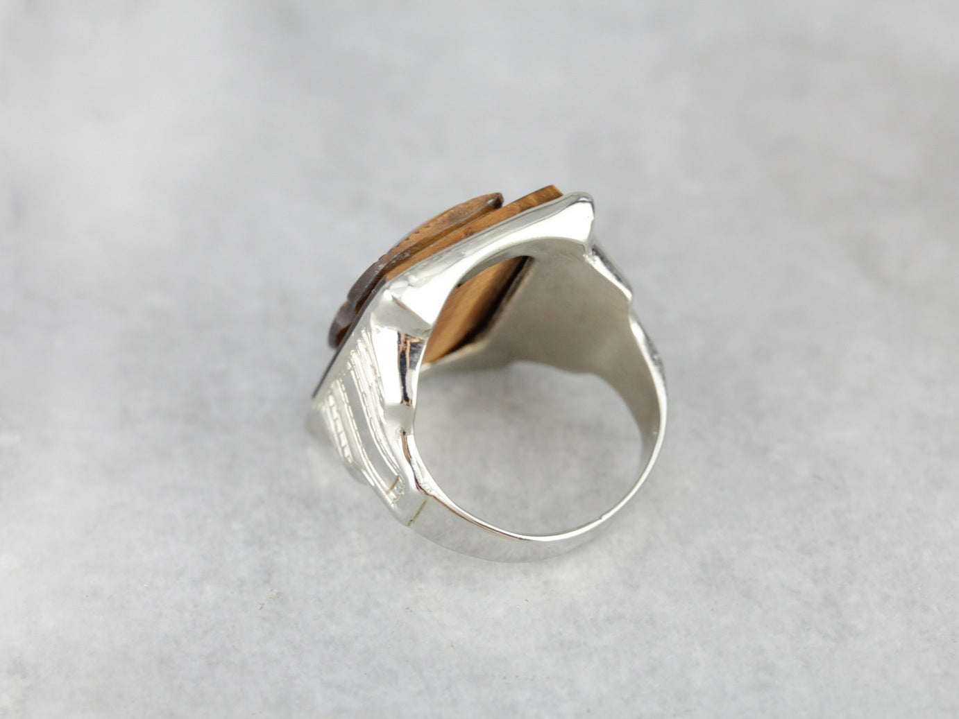 Vintage Tiger's Eye Cameo White Gold Men's Ring