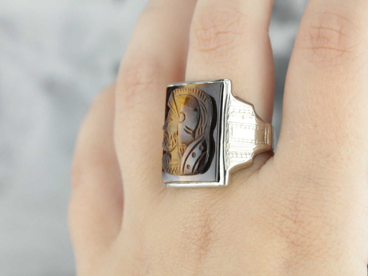 Vintage Tiger's Eye Cameo White Gold Men's Ring
