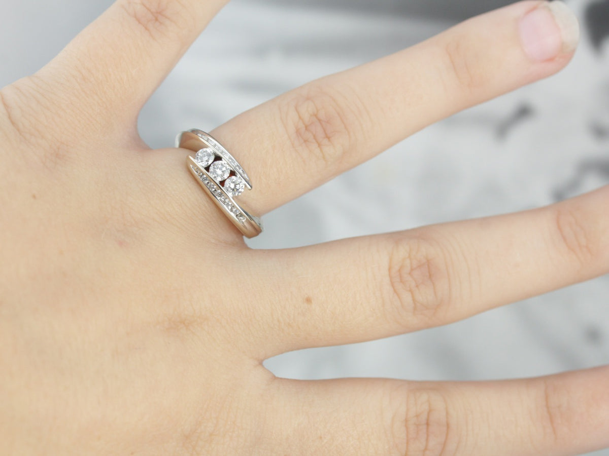 Three Diamond White Gold Bypass Ring