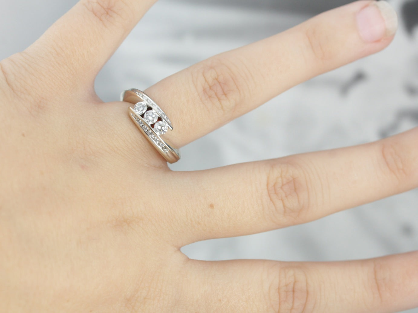 Three Diamond White Gold Bypass Ring