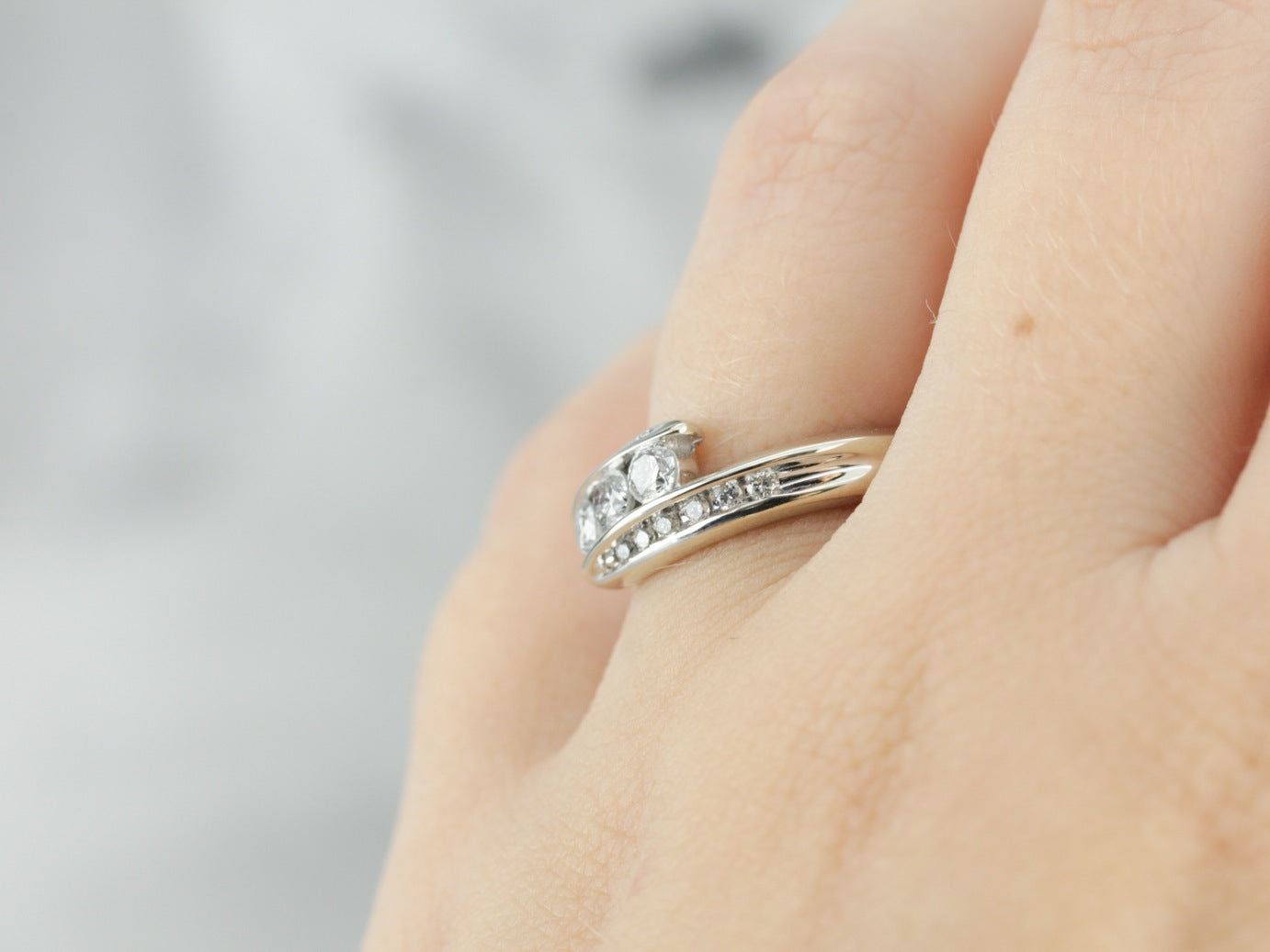 Three Diamond White Gold Bypass Ring