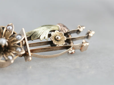 Antique Floral Seed Pearl Bar Brooch