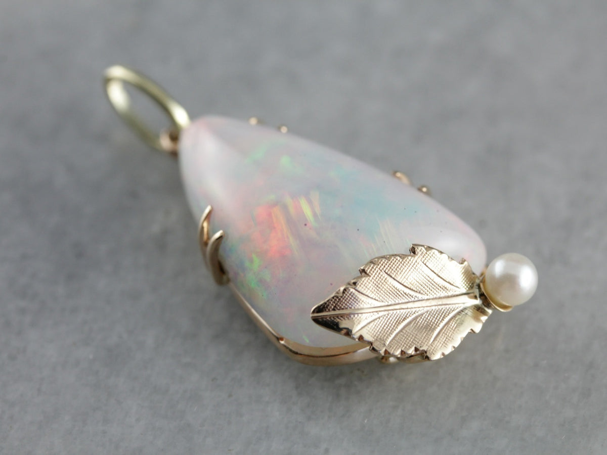 Dreamy Opal and Pearl Leaf Pendant