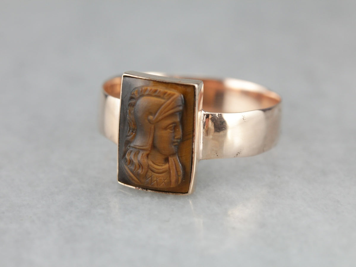 Victorian Era Tiger's Eye Cameo Rose Gold Ring