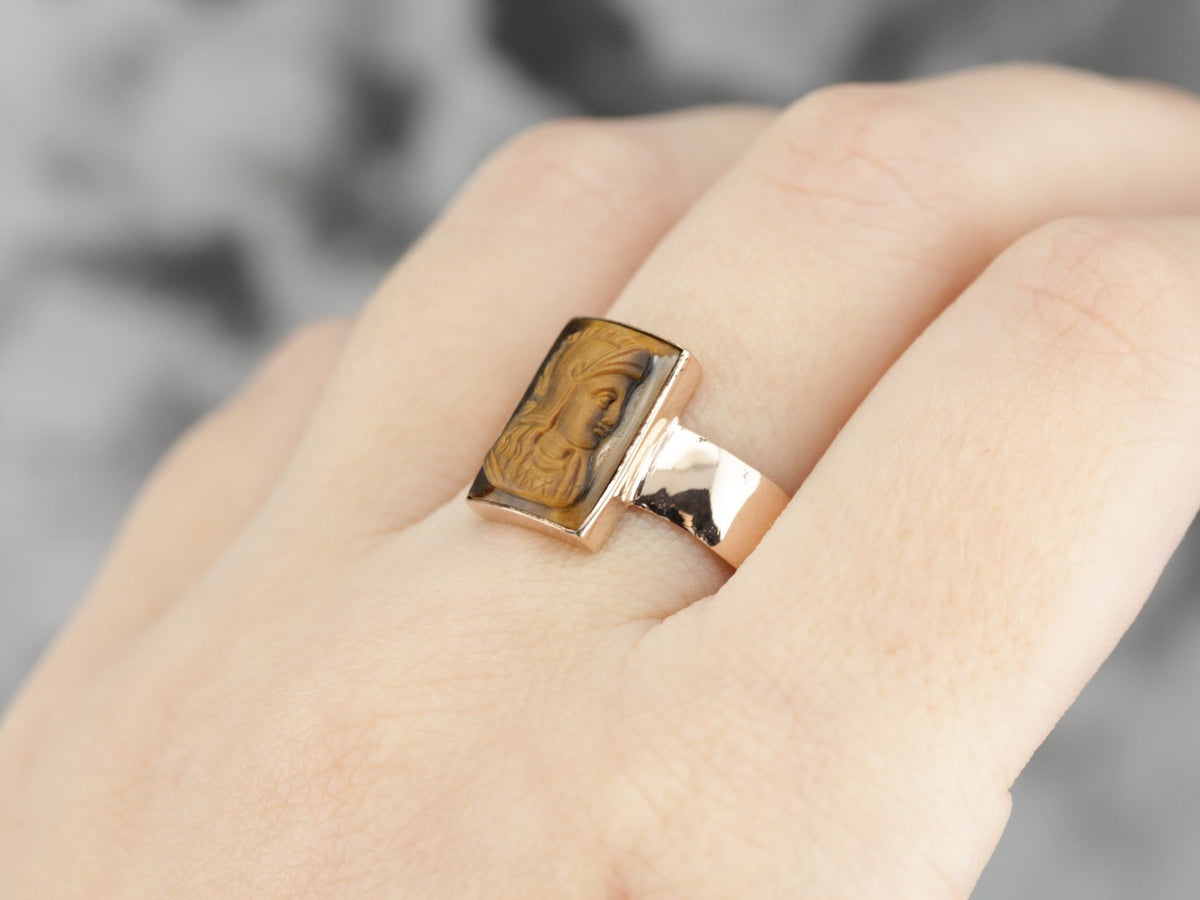Victorian Era Tiger's Eye Cameo Rose Gold Ring