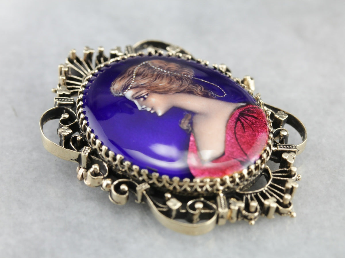 Exquisite Enamel Porcelain Cameo Brooch or Pendant