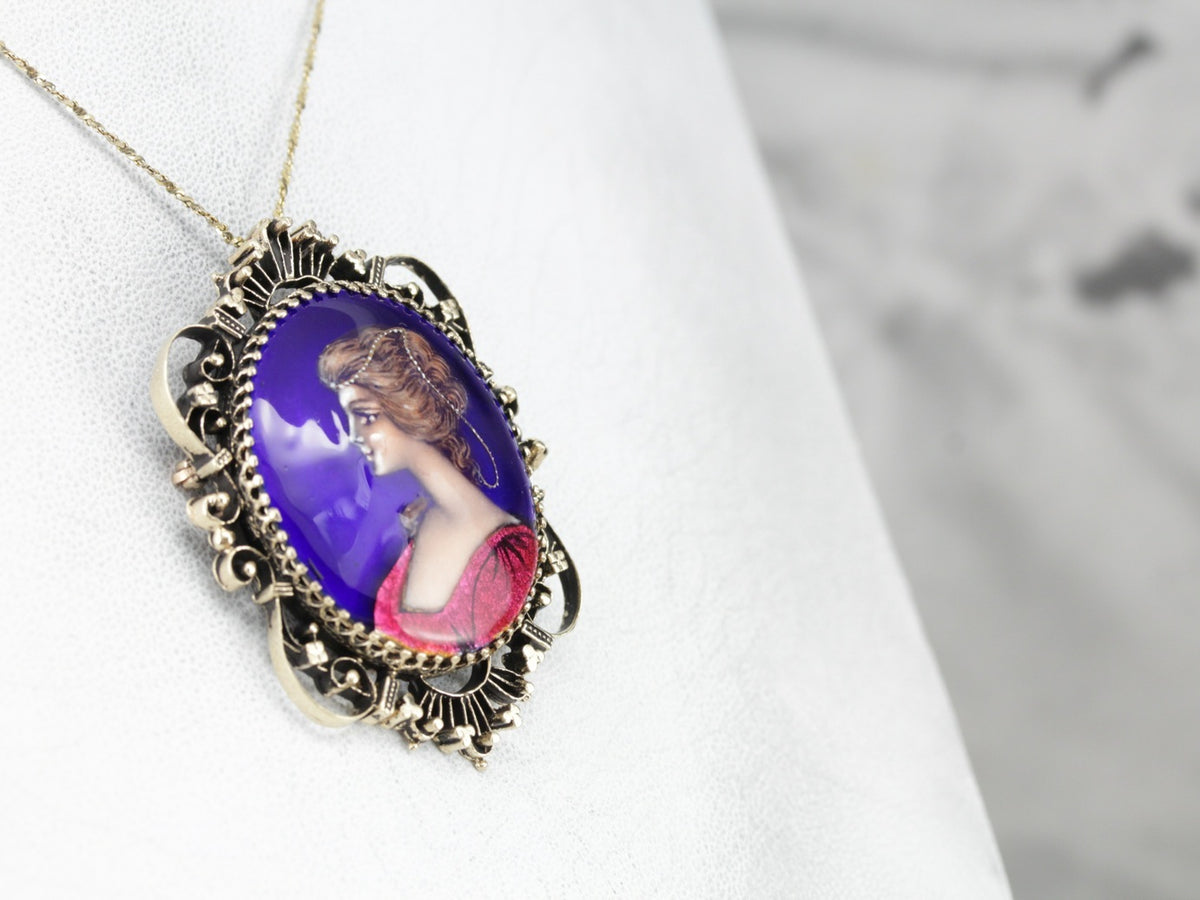 Exquisite Enamel Porcelain Cameo Brooch or Pendant