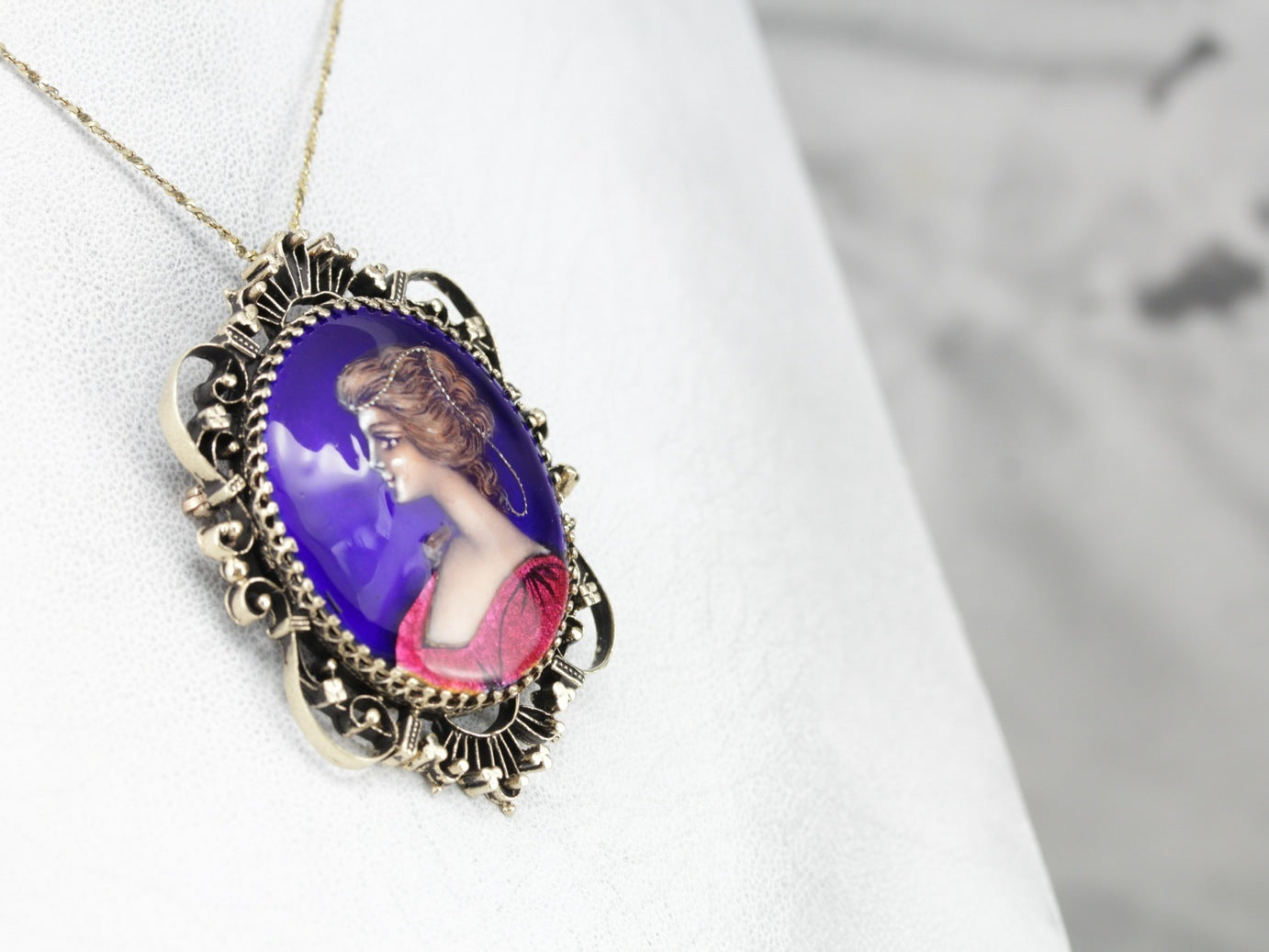 Exquisite Enamel Porcelain Cameo Brooch or Pendant