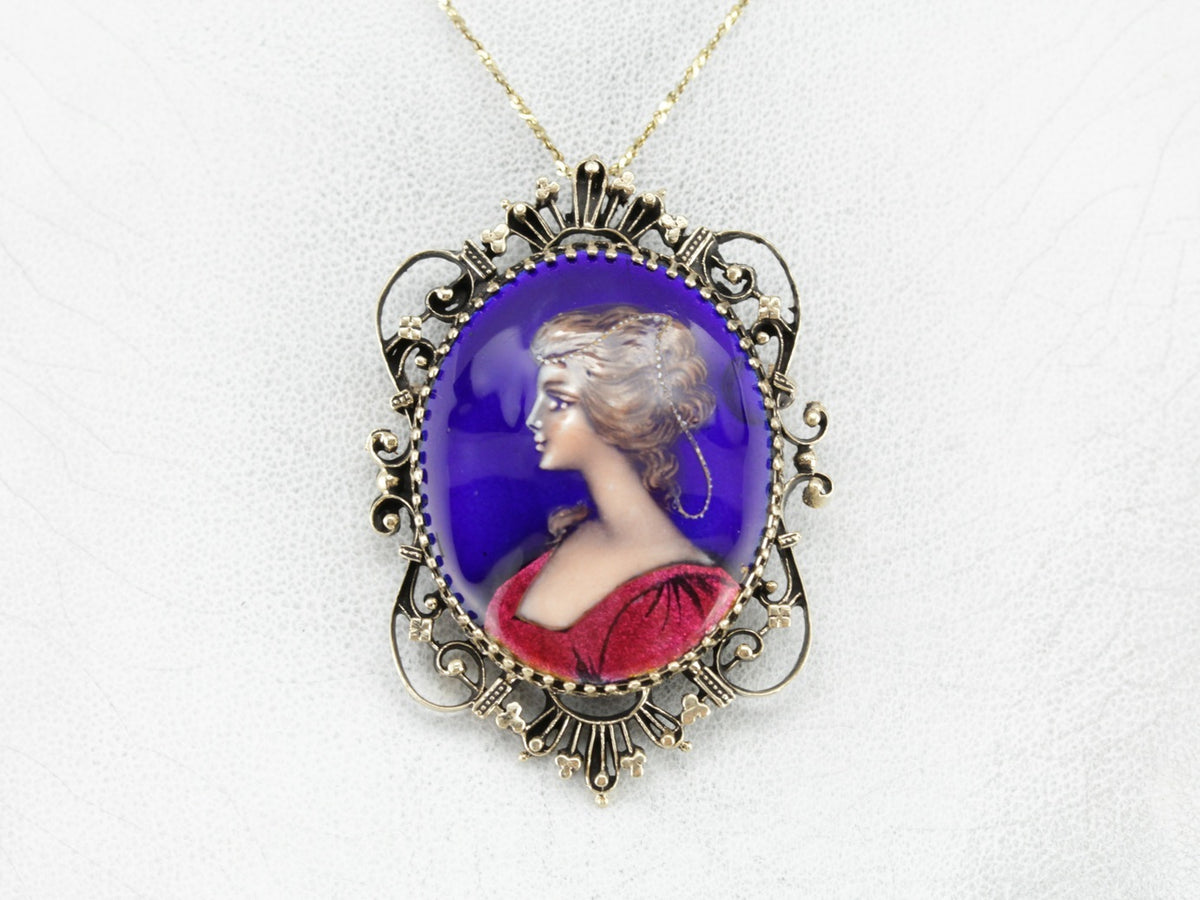 Exquisite Enamel Porcelain Cameo Brooch or Pendant