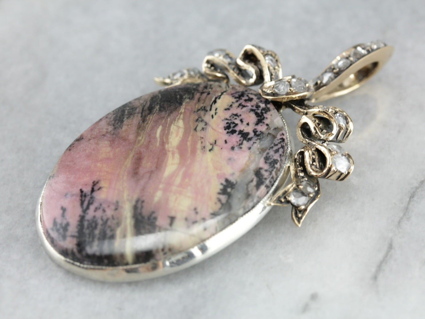 Landscape Rhodonite Rose Cut Diamond Bow Statement Pendant