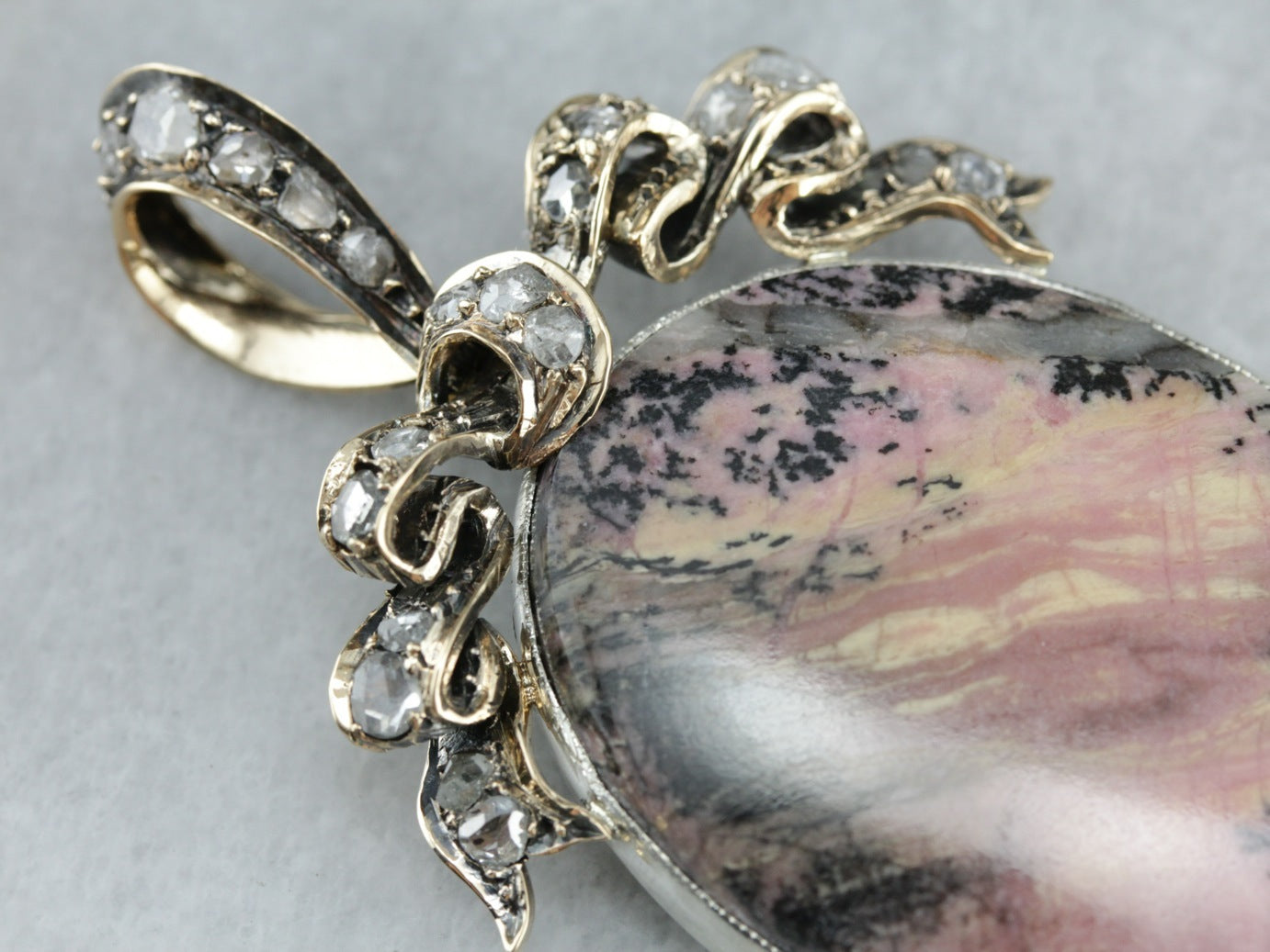 Landscape Rhodonite Rose Cut Diamond Bow Statement Pendant