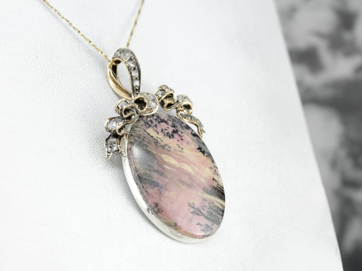 Landscape Rhodonite Rose Cut Diamond Bow Statement Pendant