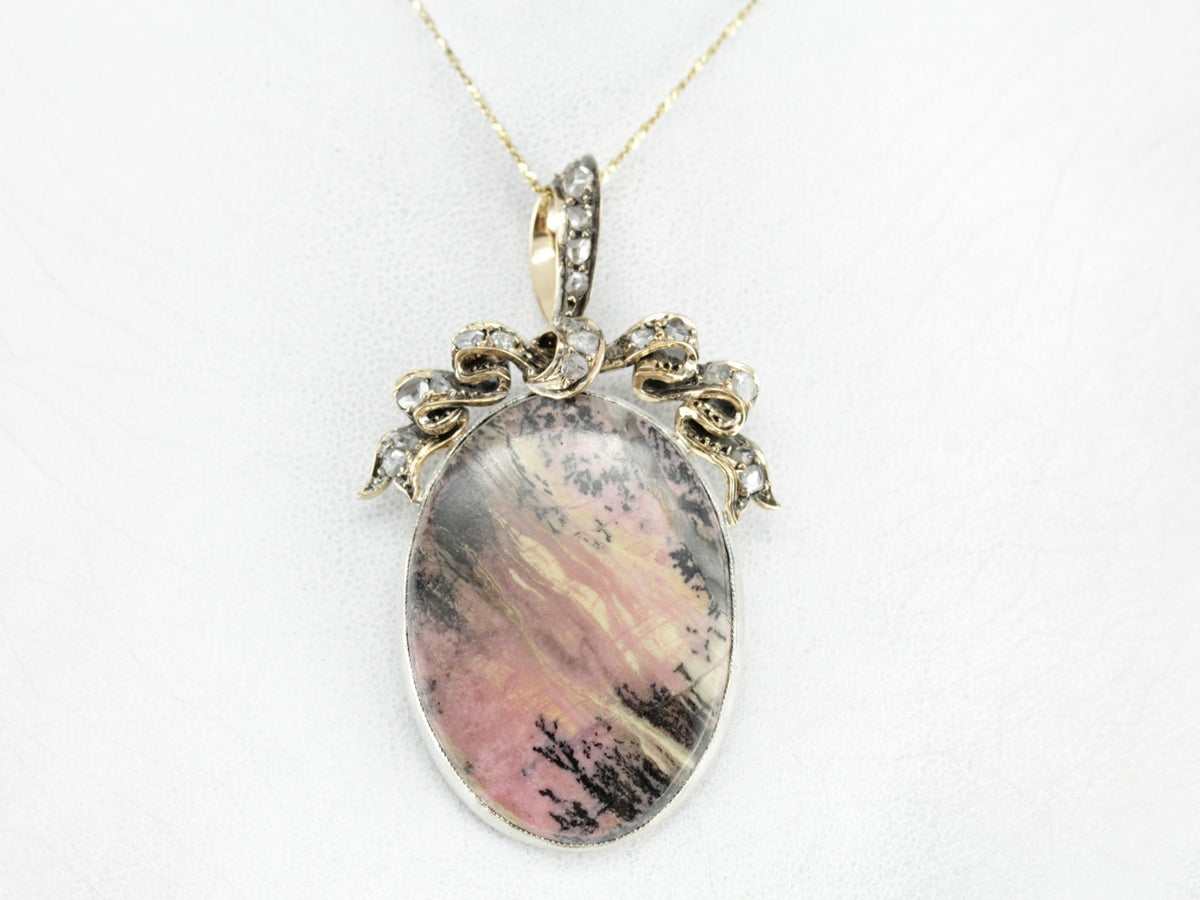 Landscape Rhodonite Rose Cut Diamond Bow Statement Pendant