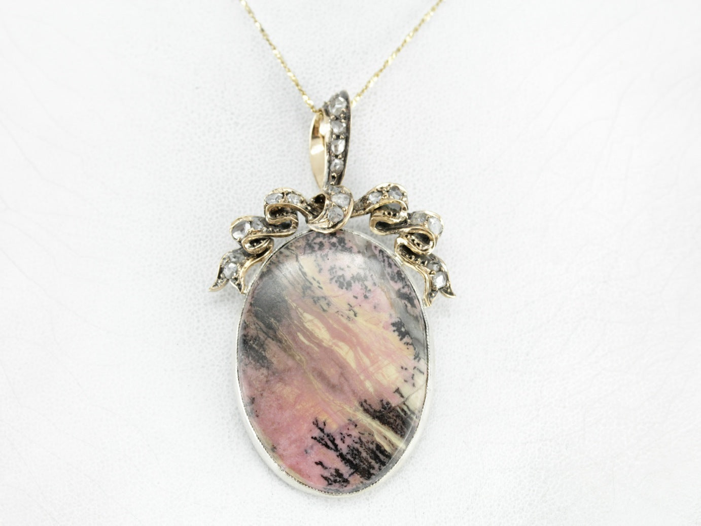 Landscape Rhodonite Rose Cut Diamond Bow Statement Pendant