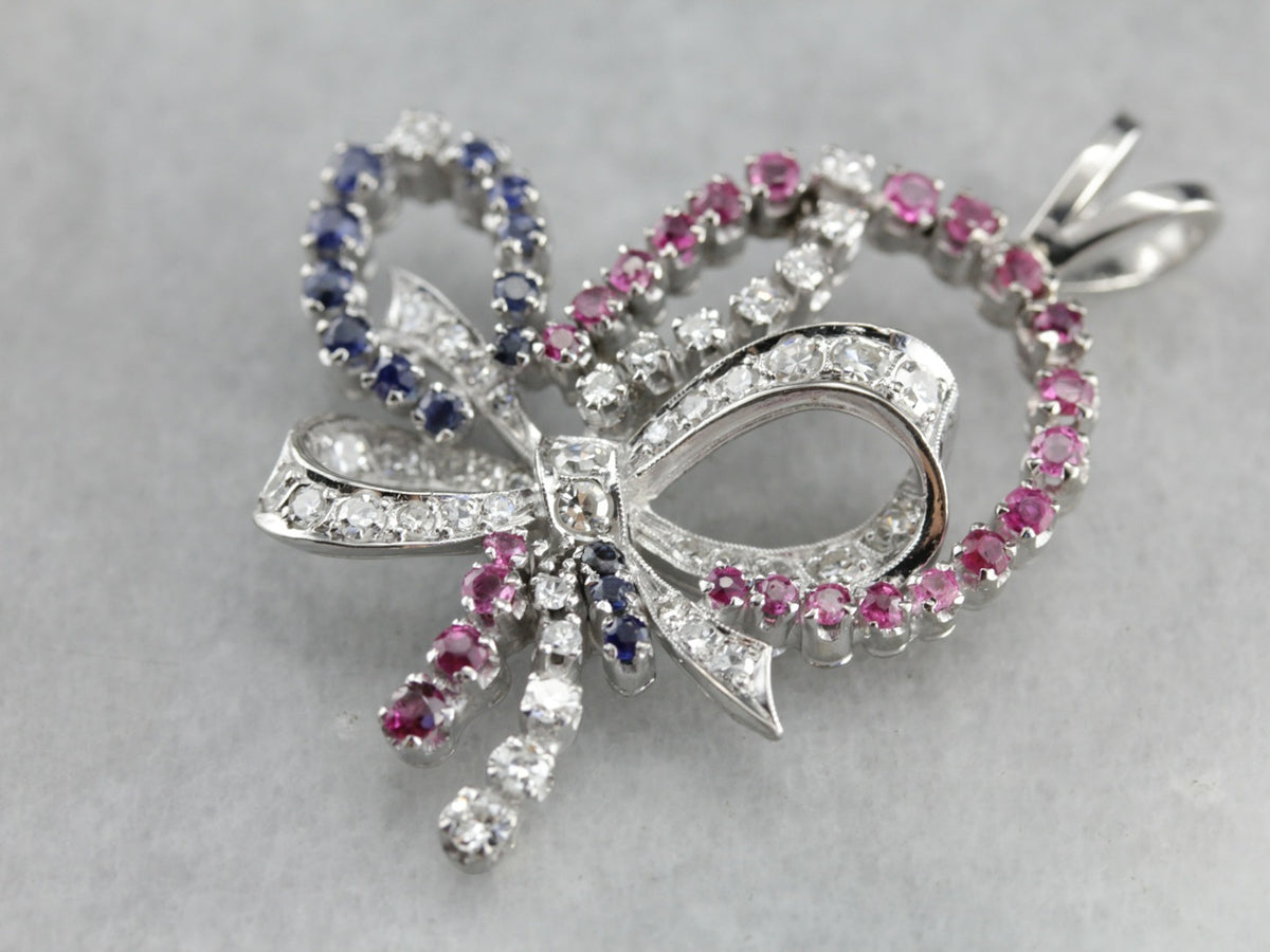 Retro Era Platinum and Diamond Bow Pendant