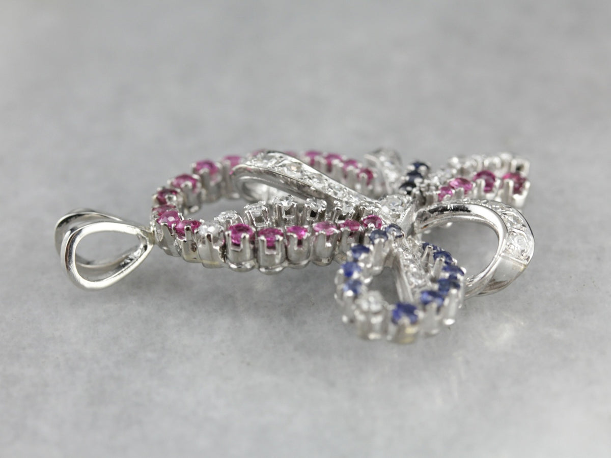 Retro Era Platinum and Diamond Bow Pendant