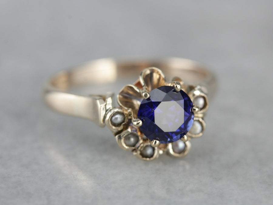 Unique Sapphire Seed Pearl Solitaire Ring