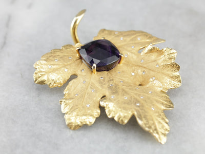 Vintage Sculpted Leaf Pin with Amethyst and Diamonds