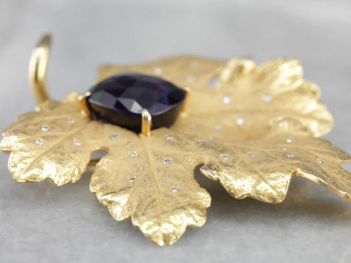 Vintage Sculpted Leaf Pin with Amethyst and Diamonds
