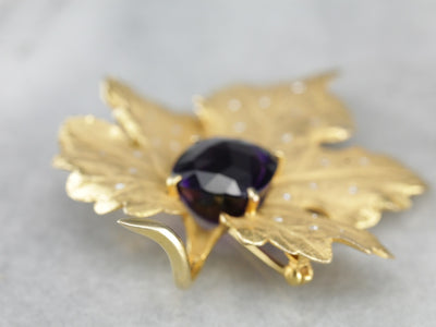 Vintage Sculpted Leaf Pin with Amethyst and Diamonds