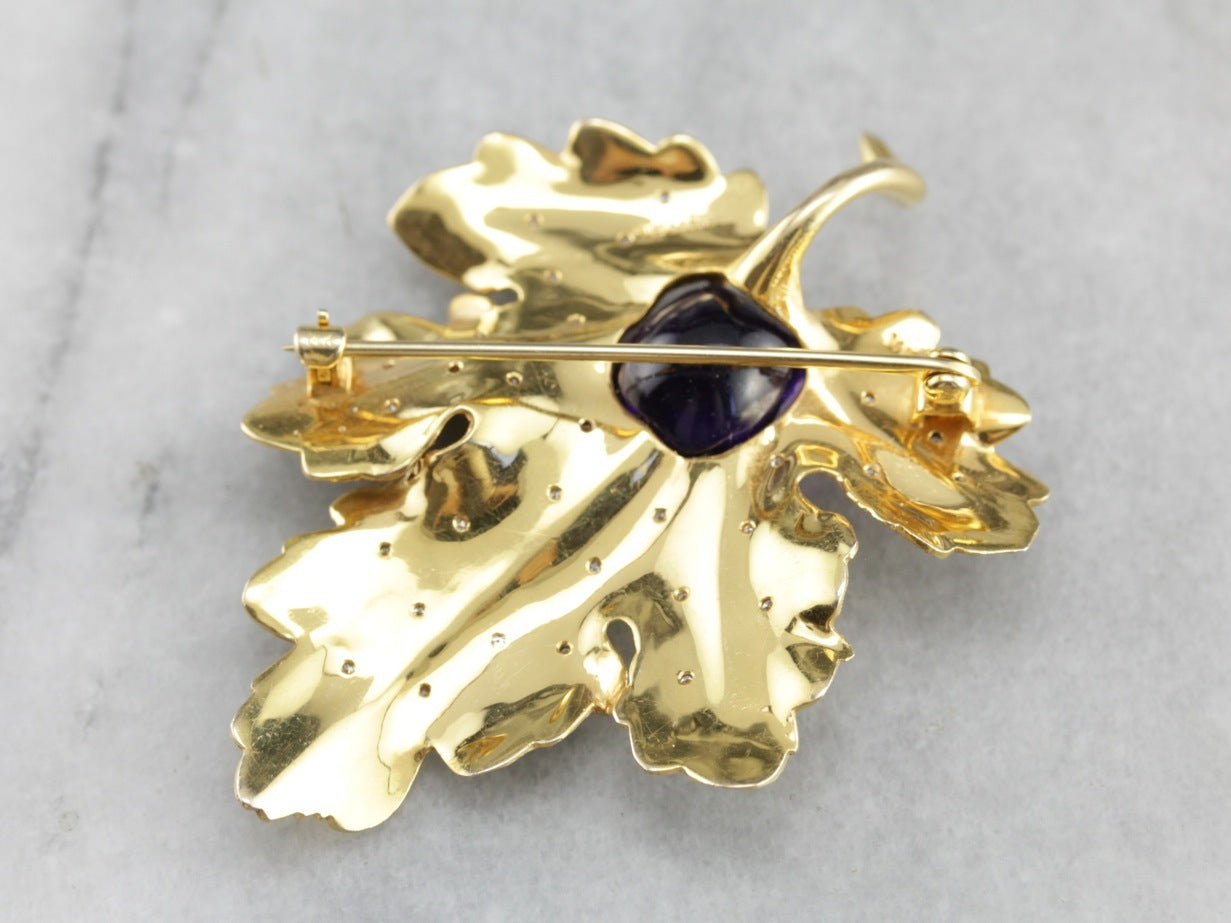 Vintage Sculpted Leaf Pin with Amethyst and Diamonds