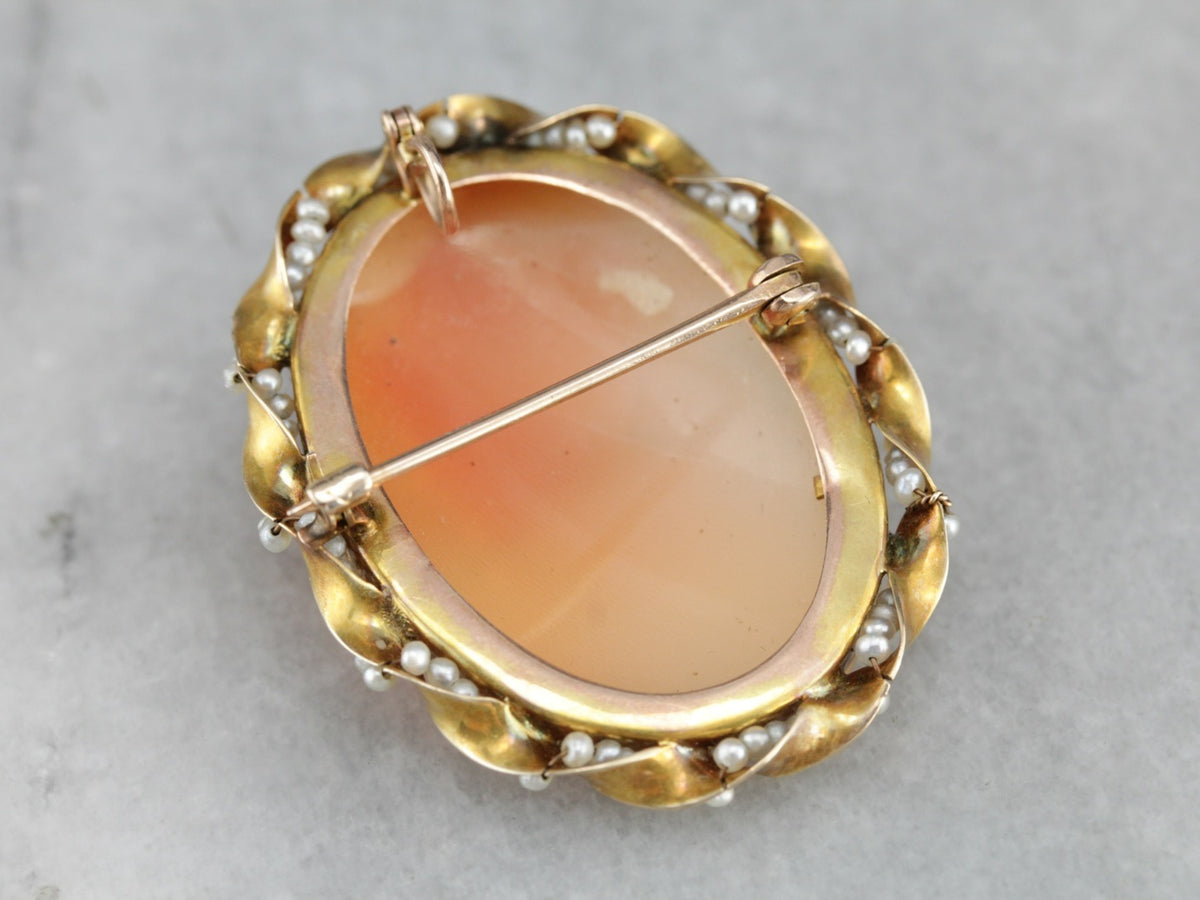 Vintage Cameo Brooch or Pendant with Seed Pearl Accents