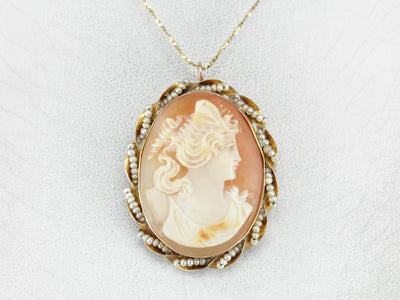 Vintage Cameo Brooch or Pendant with Seed Pearl Accents