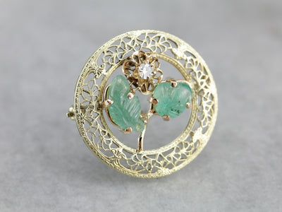 Floral Diamond and Emerald Gold Filigree Brooch