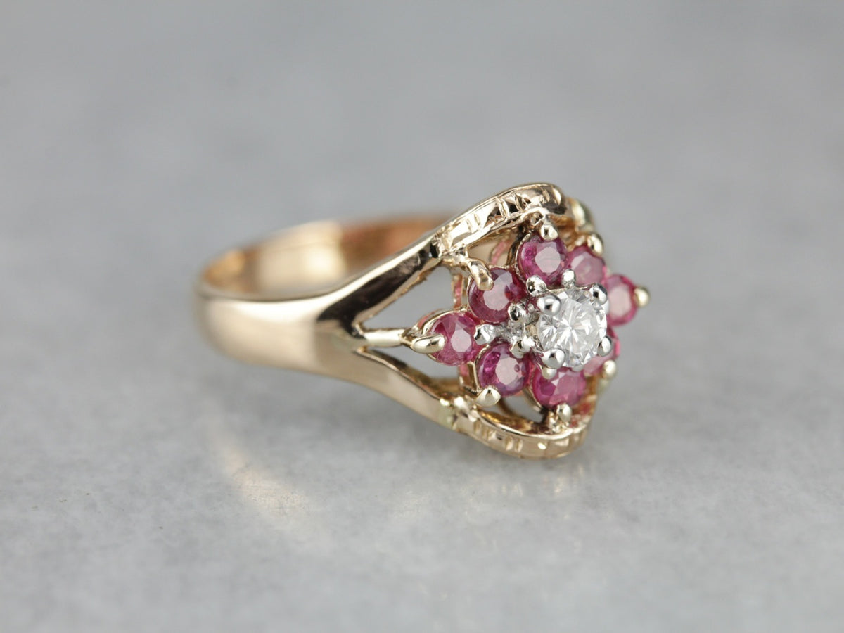 Floral Diamond and Ruby Cocktail Ring