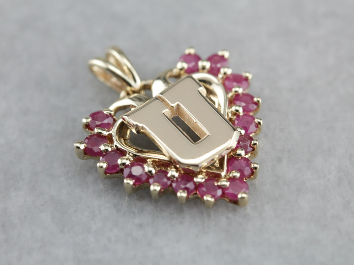 Ruby Heart "U" Monogram Gold Pendant