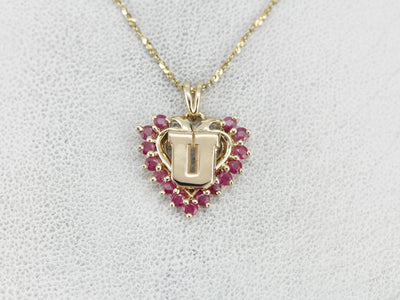 Ruby Heart "U" Monogram Gold Pendant