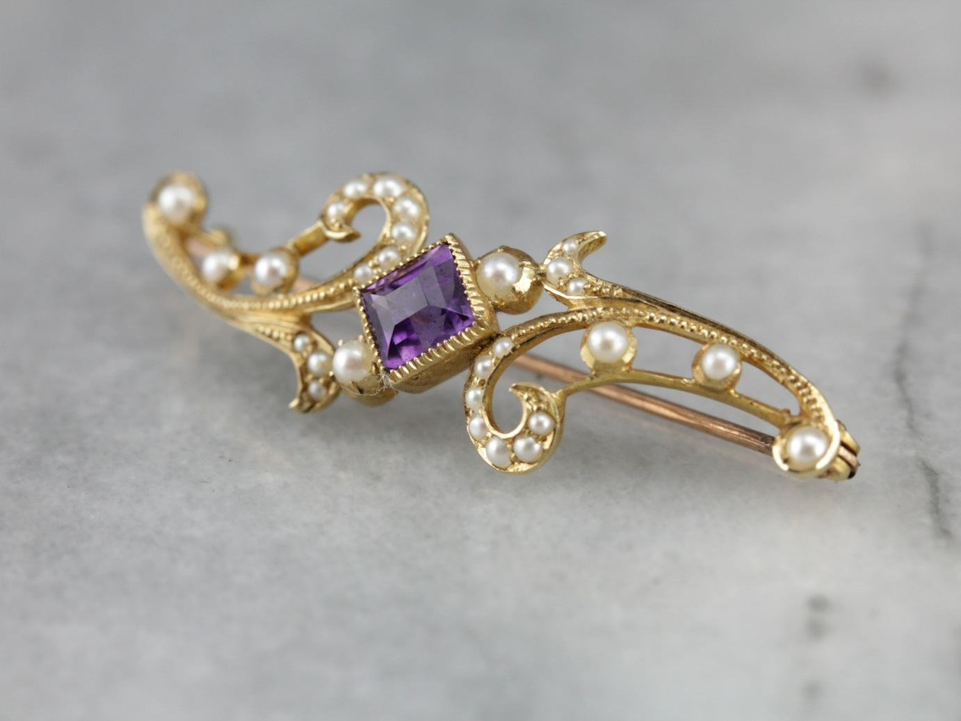 Art Nouveau Amethyst Seed Pearl Brooch
